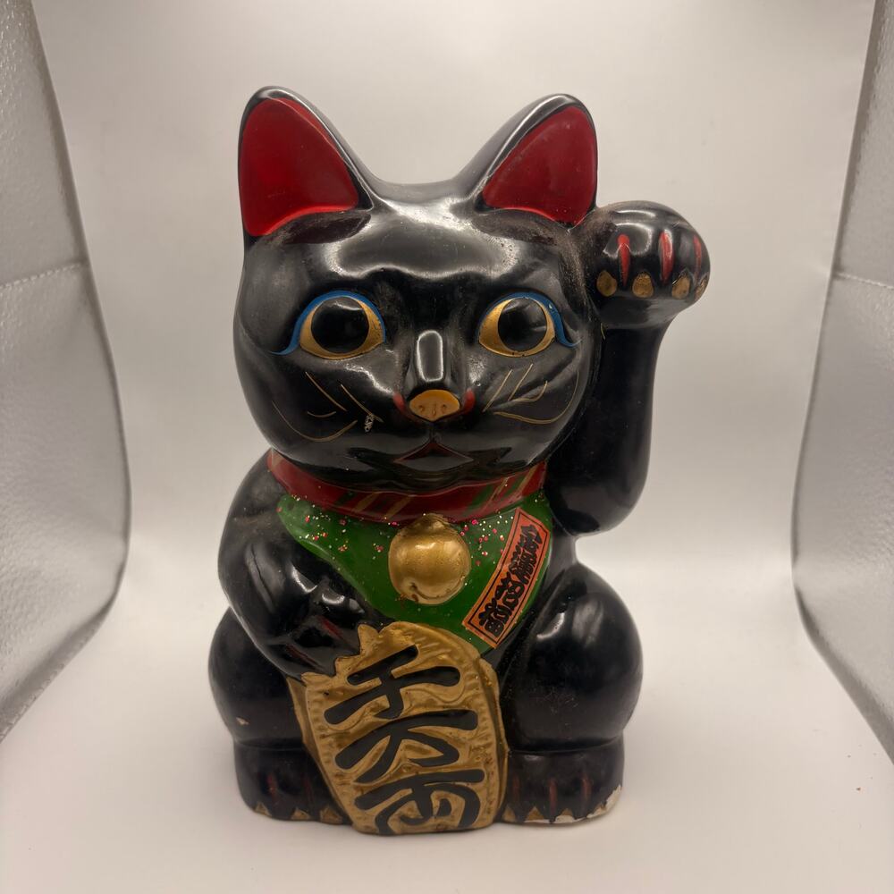 Lucky Cat Tokoname Style Black Maneki Neko Ceramic Coin Piggy Bank Wabi-Sabi